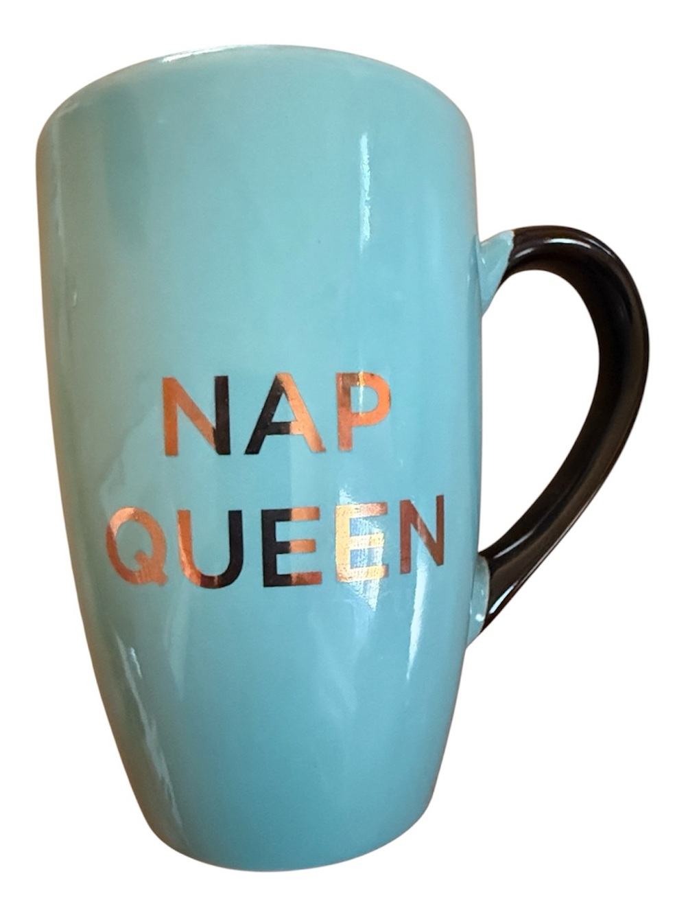 NAP QUEEN CERAMIC COFFE TEA HOT CHOCOLATE MUG METALLIC WRITING LARGE HANDLE NEW